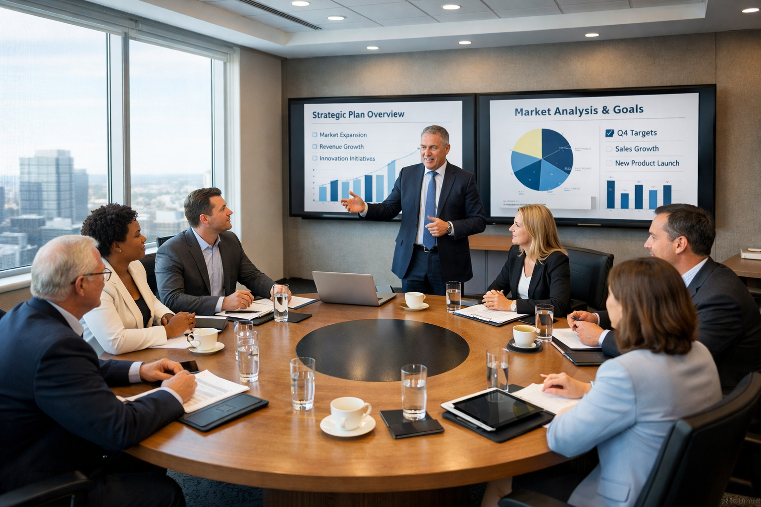 Executive planning meeting for retail growth and performance strategy.