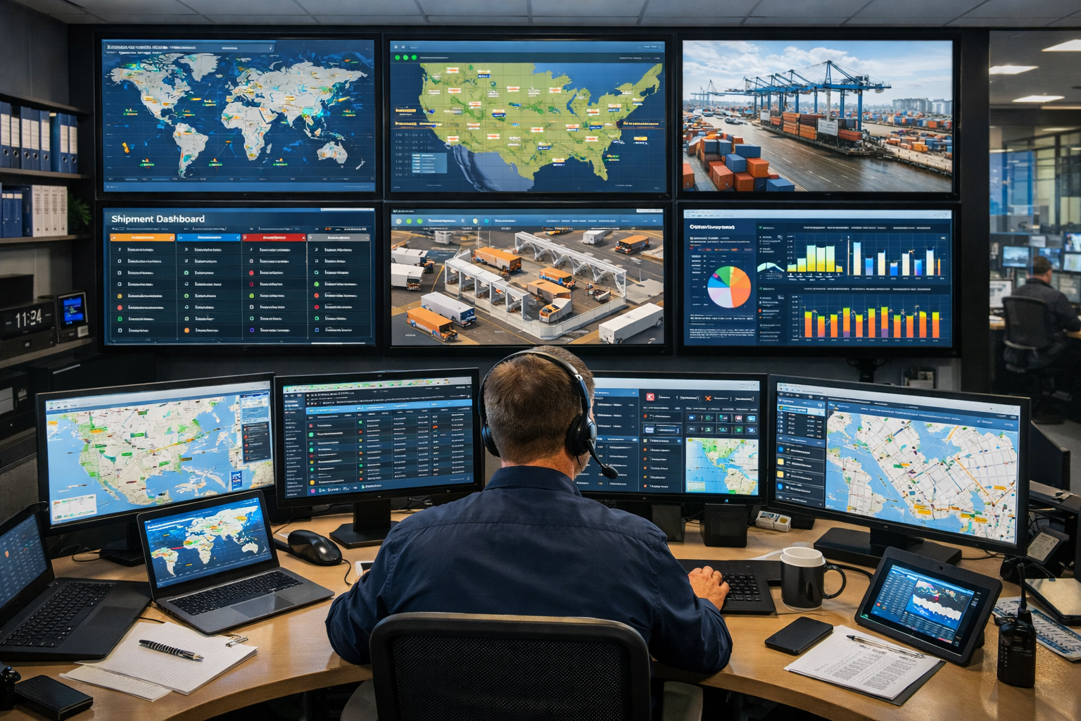Coordination center managing route and shipment synchronization.