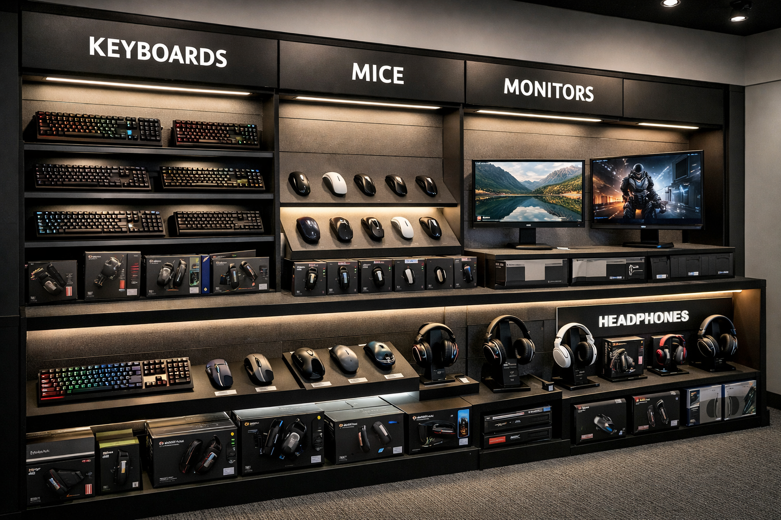 Peripherals and accessory assortment presented for retail channel merchandising.